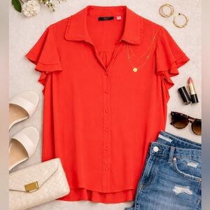 NWT T Tahari Poppy Red Flutter Sleeve Button Blouse Size 3X Plus
